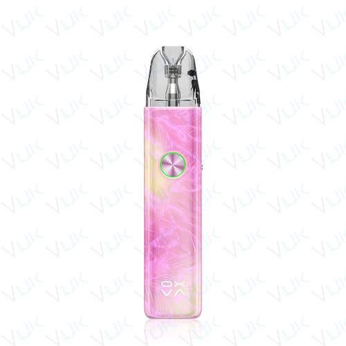 A pink and purple marbled vape device with a clear mouthpiece and a metallic green button