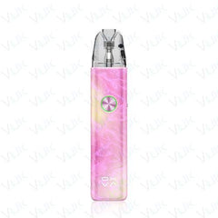 A pink and purple marbled vape device with a clear mouthpiece and a metallic green button
