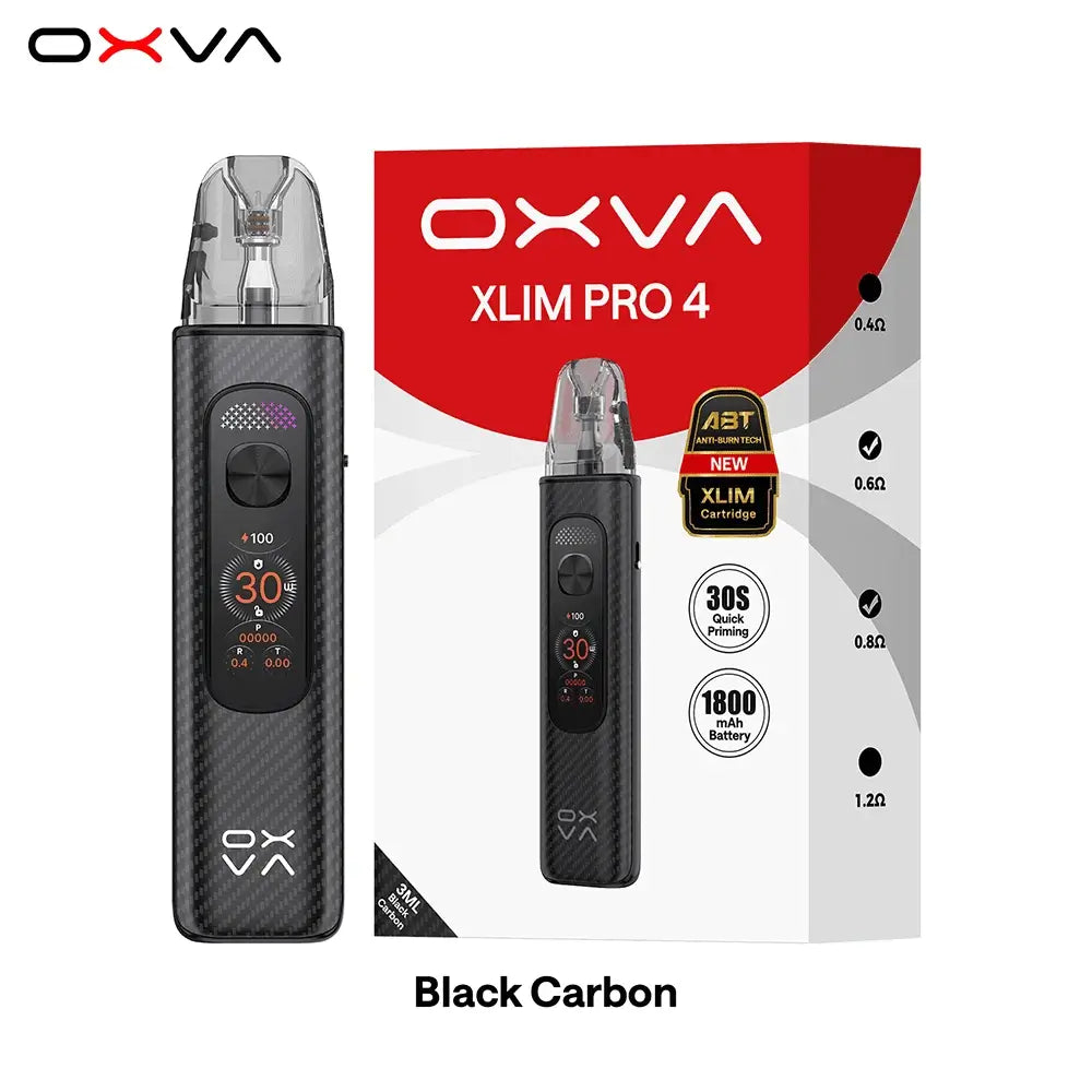 OXVA XLIM PRO 4 vape device in Black Carbon next to its retail packaging box, featuring a digital display screen and carbon fiber texture, on a white background with the OXVA brand logo.