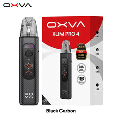 OXVA XLIM PRO 4 vape device in Black Carbon next to its retail packaging box, featuring a digital display screen and carbon fiber texture, on a white background with the OXVA brand logo.