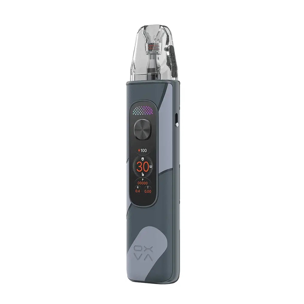 OXVA XLIM Pro 4 glacier grey learther colour screen showing power and battery